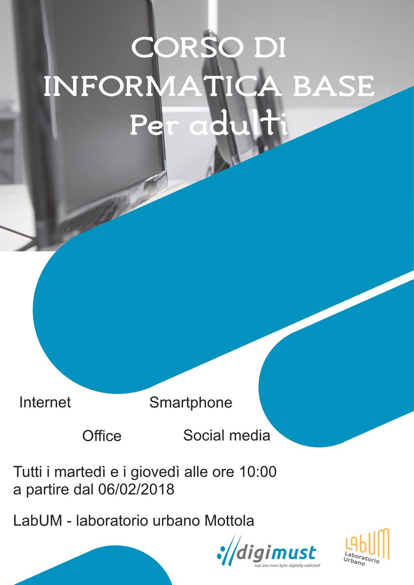 LabUM2017's tweet photo. Parte il primo corso di informatica base per adulti. 💻
Ogni martedì e giovedì dalle 10:00.
Per info e prenotazioni contattaci in privato o al numero
📞 099 9468726

#informatica #web #laboratorio #weareinpuglia #computer https://t.co/SNyOEjj4QG
