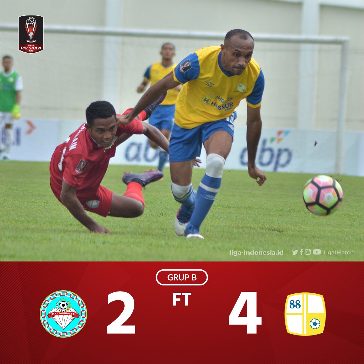 [FULL TIME] @MartapuraFC 2 vs 4 <a href="/PSBaritoPutera/">PS Barito Putera</a>.

Martapura FC:
12' Bissa Donald ⚽
55' Bissa Donald ⚽

Barito Putera:
2' Samsul Arif ⚽
45' Samsul Arif ⚽
66' Ady Setiawan ⚽
69' Rizky Pora ⚽

Laskar Antasari raih 3 poin di laga kedua grup B.

#PialaPresiden