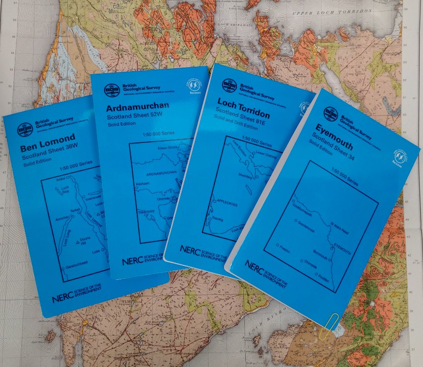 geologyshop's tweet photo. We now have four more Scottish map reprints for sale in all our shops @BritGeoSurvey #geologymap #Scotland #LochTorridon #Eyemouth #BenLomond #Ardnamurchan https://t.co/72ptjZ3ozj