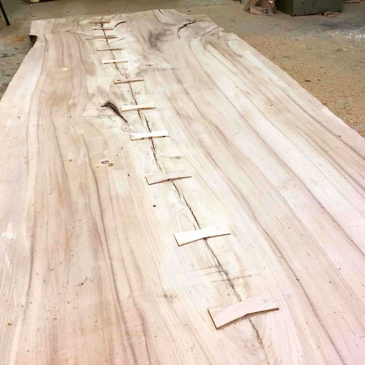 A nice little job this morning was to cut in these dovetail keys on the underneath of this big elm table top.