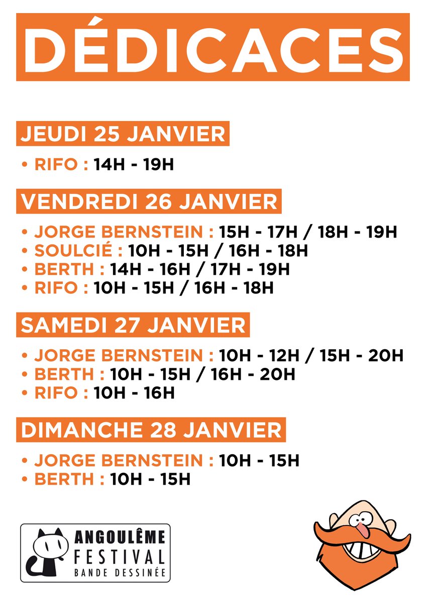 Rouquemoute_BD's tweet photo. [À PARTAGER] #FIBD #Angoulême 2018 : planning des #dédicaces sur le stand #Rouquemoute avec #Rifo, @BerthCestMoi, @tsoulcie et @jorgebernstein ! https://t.co/9zffuS2spb