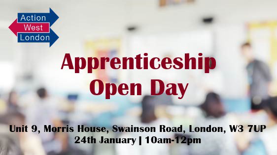 ActionWLondon's tweet photo. Apprenticeship Open Day With @YMCA
Wednesday 24th Jan
10am-12pm
Unit 9, W3 7UP
#actionwestlondon #Opentoallages #apprenticeship #jobopportunity https://t.co/YpyYsXSCSx