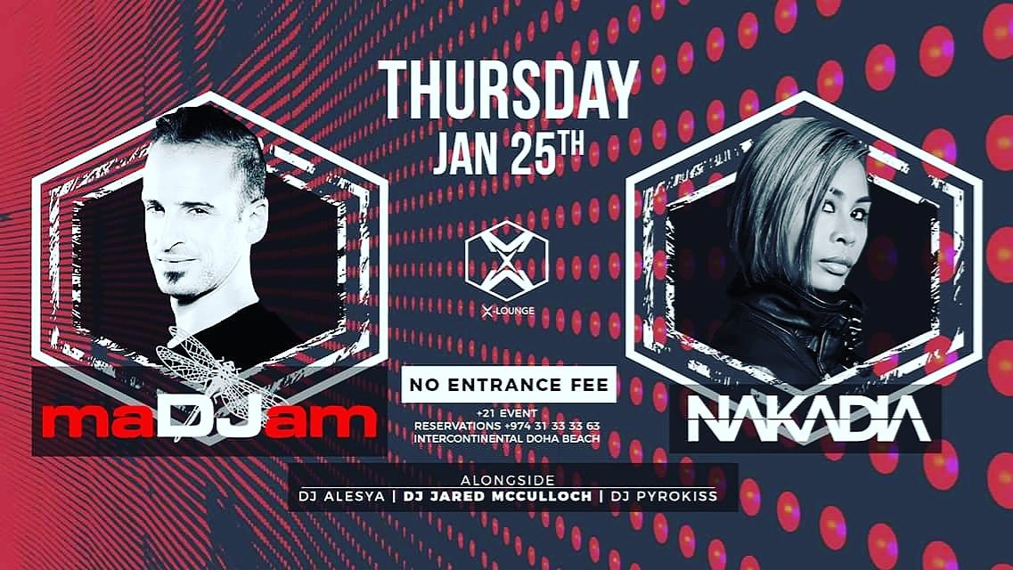 IconicQatar's tweet photo. Massive! @maDJam @Nakadia @JaredMcCulloch @Pyrokiss &amp; Aleysa on the decks this Thursday at #XLoungeDoha #Doha #Qatar #MyDoha #Dohalife #Madjam #Nakadia https://t.co/SfbfvV2GS1