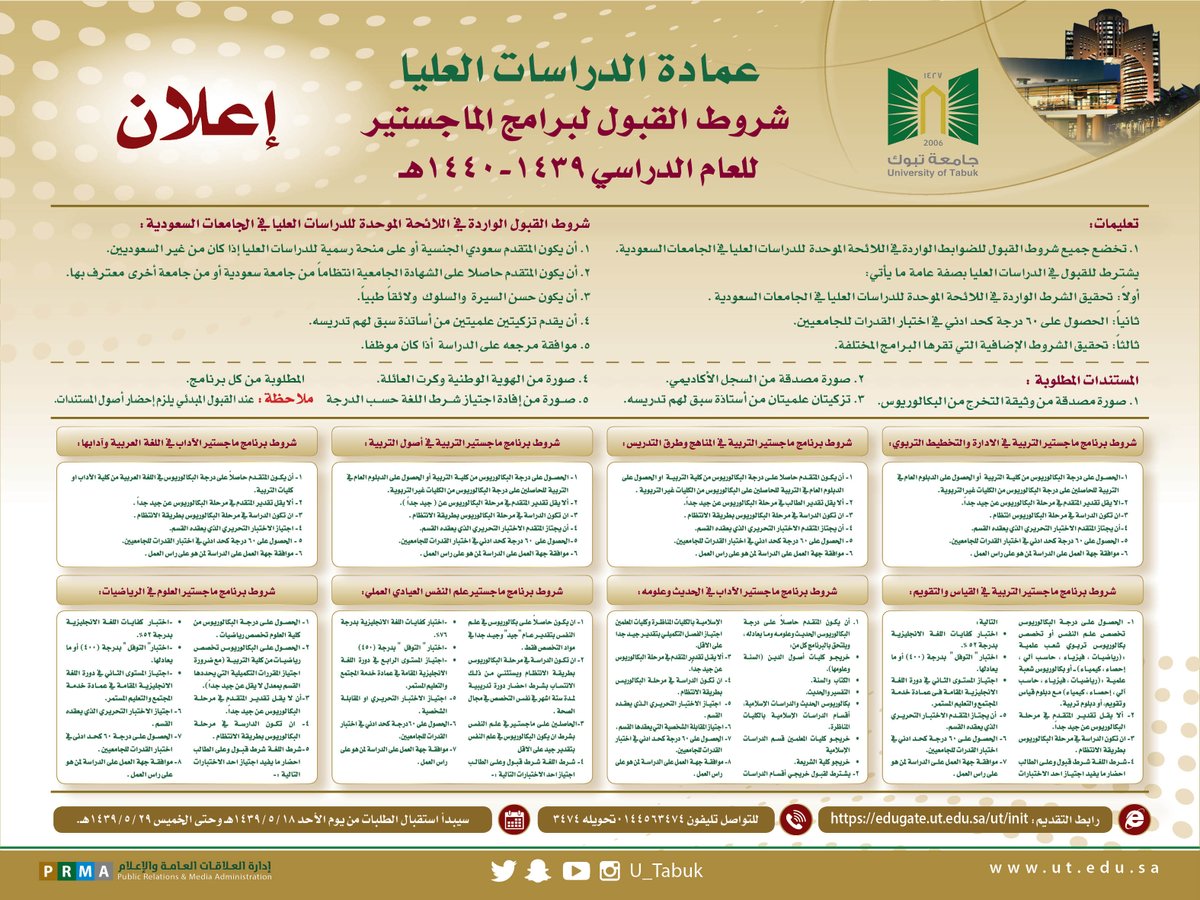 جامعة تبوك On Twitter تعلن جامعة تبوك ممثلة في عمادة الدراسات العليا عن فتح باب التقديم الإلكتروني في برامج الماجستير للعام الجامعي 1439هـ 1440هـ حيث سيبدأ استقبال الطلبات ابتداء من يوم الأحد الموافق18 5 1439هـ وحتى يوم الخميس