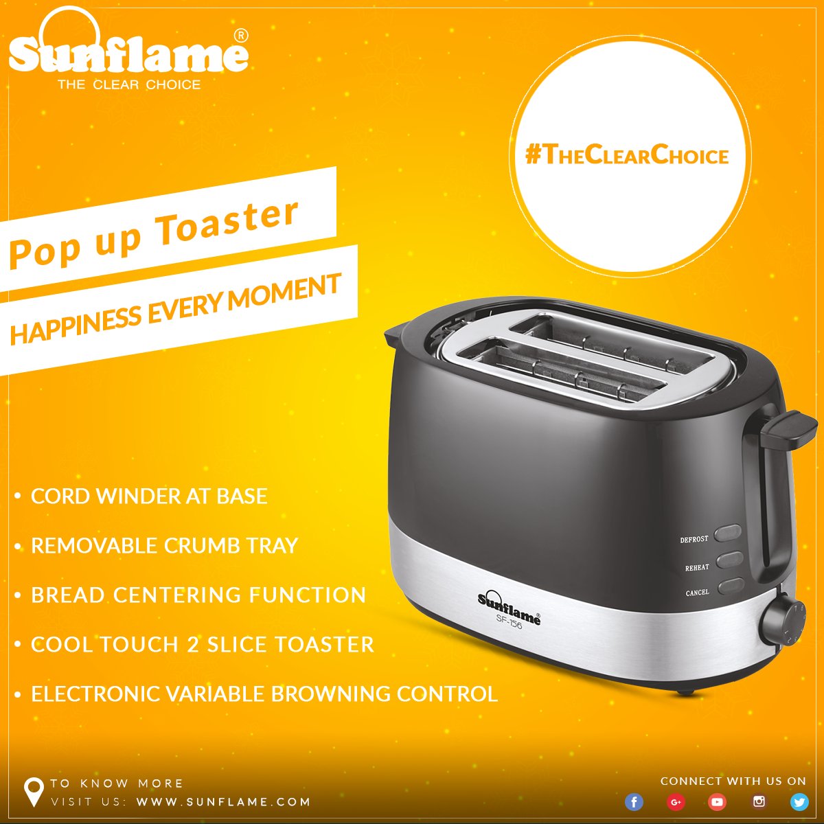 SunflameIndia's tweet image. With our new toaster, #Sunflame believes you will enjoy warmer mornings with a bounce. We have given you #TheClearChoice.
#PopUpToaster #HomeAppliance