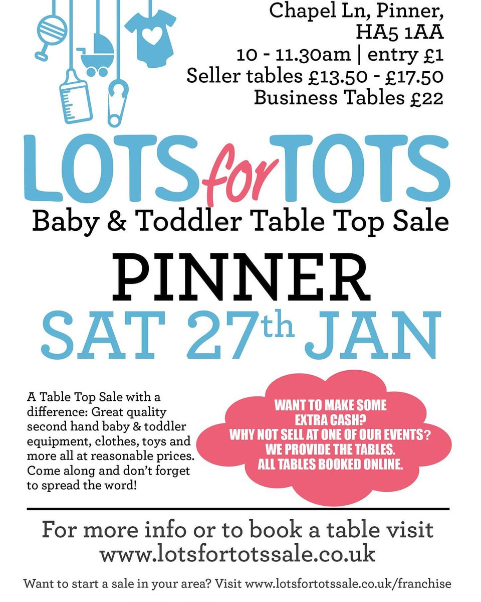 lotsfortotsrui1's tweet photo. This Saturday! Come along to Pinner Village Hall from 10am to see a w8de range of preloved baby and toddler items.

Tables still available if you're thinking of selling! 
#pinner #Pinner #lotsfortots #Harrow #baby #toddler #toddlers #tabletop #tabletopsale #pinnervillagehall https://t.co/OexZTMcKlo