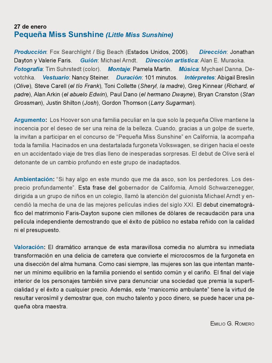 Tercera sesión 27 #enero. Pequeña Miss Sunshine. Coloquio:  Emilio G. Romero #cinedecarretera