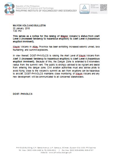 OCD_Region1's tweet photo. For Info: Notice for the raising of Mayon Volcano’s status from Alert Level 3 (increased tendency to hazardous eruption) to Alert Level 4 (hazardous eruption imminent). https://t.co/iTMeSxXlnm
