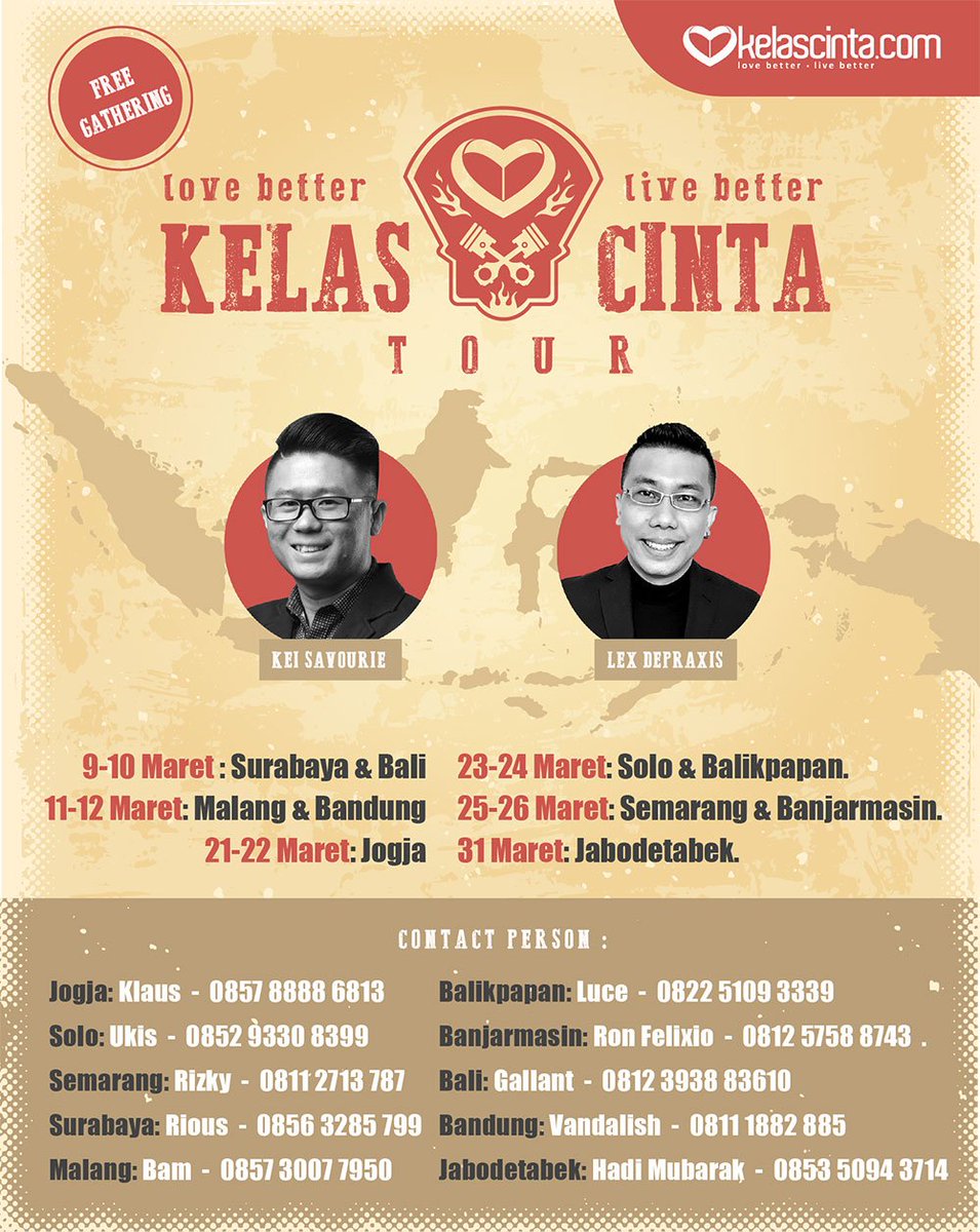 Yeyeyeyeye kedua instruktur Kelas Cinta ini mau tour keliling Indonesia. Kalau kamu tinggal di Samarinda atau Balikpapan, bisa nih ketemu sama mereka tanggal 23-24 Maret nanti.

Syaratnya gampang: hubungi saja Luce (0822 5109 3339)

See you!