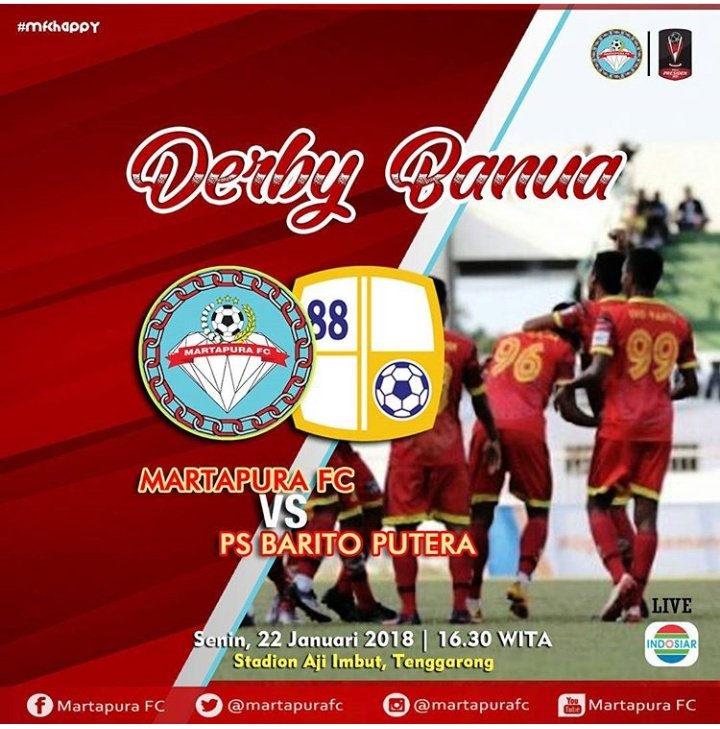 #PialaPresiden2018 
#GroupB

Martapura FC vs PS Barito Putera | Senin, 22 Januari 2018 | Pkl. 16.30 WITA | Std. Aji Imbut Tenggarong | Live Indosiar.

#MFCHappy
#DerbyBandingsanak