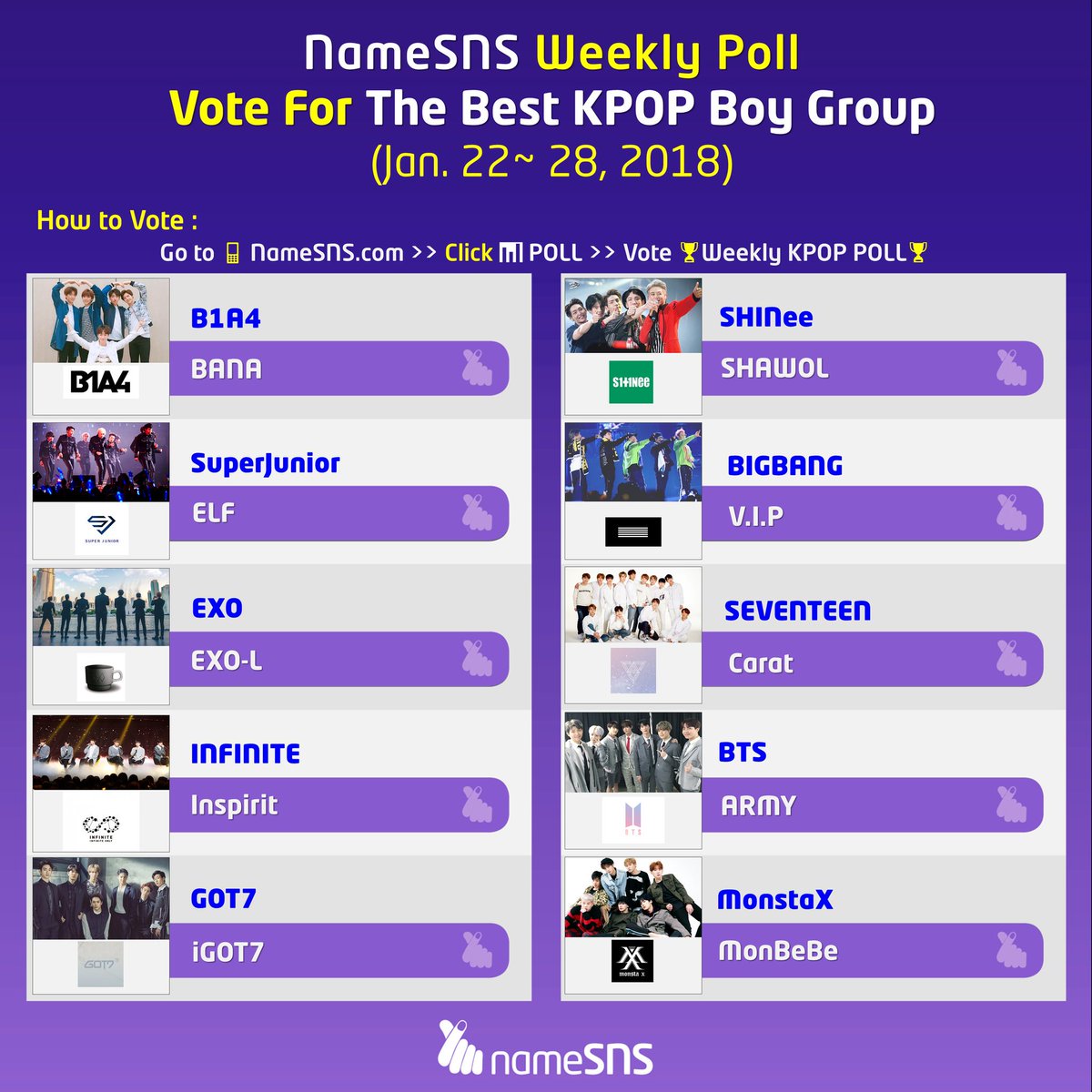 Kstar_hotnews's tweet photo. 📌Weekly #KPOP POLL📌
📊Vote For The Best KPOP #Boy_Group of This Week
🎯Like+Comment
🎯Retwitte
🎯Vote Here:
https://t.co/OWOzmeu7Qp
📅 (Jan. 22 ~ 28, 2018)
#NameSNS #KPOPPoll #B1A4 #SuperJunior #EXO #INFINITE #GOT7 #SHINee #BIGBANG #SEVENTEEN #BTS #MonstaX https://t.co/hCWRJzed7m