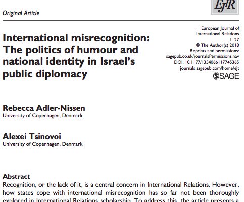 RebAdlerNissen's tweet photo. It's out! Sometimes the problem for states is not lack of recognition, but misrecognition. We introduce international #misrecognition and show how states cope with misrecognition through #humour and public #diplomacy, illustrated with the case of #Israel https://t.co/fxEkTqLVsy https://t.co/8QrEF0pNWM
