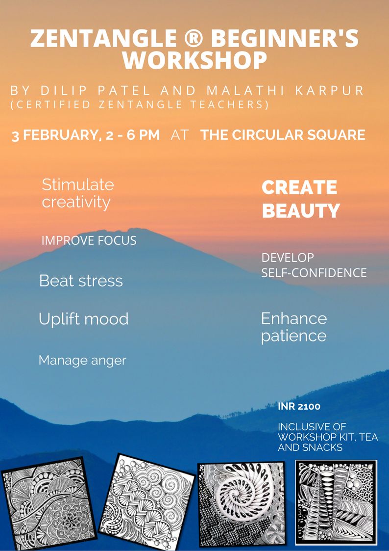 DCircularSquare's tweet photo. "Zen" = Meditation in Japanese; "Tangle" = conscious doodle (without any meaning attached to it)Zentangle ® is an easy to learn relaxing and a fun way to create beautiful images by drawing repetitive patterns

Workshop to be conducted at @DCircularSquare . Register yourself now ! https://t.co/C4xAgtfSgJ