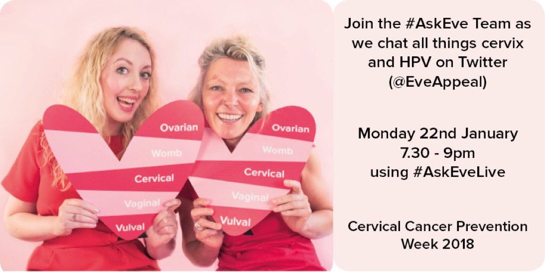 eveappeal's tweet photo. This week is #CervicalCancerPreventionWeek! Got a question about #HPV or your #cervix? Our #AskEve team will be live at 7.30pm, 22nd Jan to give you the answers. Join in with #AskEveLive or DM us if you prefer to be anonymous #cervicalcancer https://t.co/5XQoQOEPBK