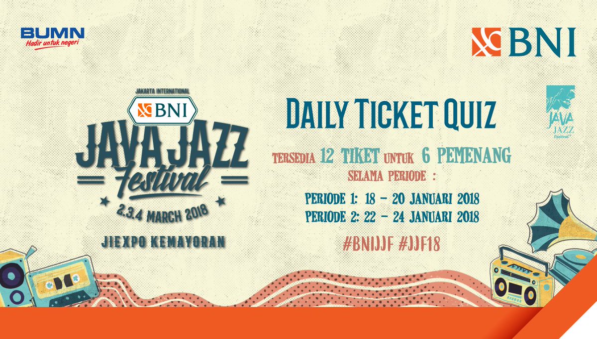 BNI's tweet photo. Fyi guys, di tahun ini #BNIJavaJazzFestival2018 memiliki 3 artis yang akan hadir di Special Show dan wajib banget kamu tonton. Jadi, tunggu pertanyaan kuis hari ini ya. Siapa tau kamu yang berkesempatan memenangkan 2 tiket #JJF18! #BNIJJF https://t.co/lN086AENiL