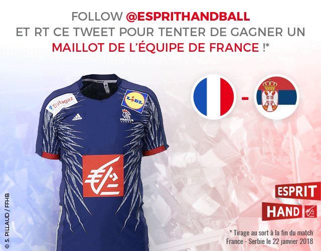 EspritHandball's tweet photo. C'est parti ! 
Tentez de gagner le maillot de @FRAHandball à l'occasion du match #SERFRA de ce soir ! 😃 
#EspritHandball https://t.co/lGr0mN1AOv