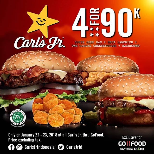 diskonidcom's tweet photo. Carls Jr 4 items for 90k Exclusive GO-FOOD! Info Lengkap: https://t.co/jXRCJe4OJV
.
#carlsjr #burger #hemat #promo #SelamatJalanSahabat #kebijakan #TemonAyoMoveOn #SiangYangPanas #diskon #kuliner #jakarta #gofood https://t.co/JjPcbEMmJi