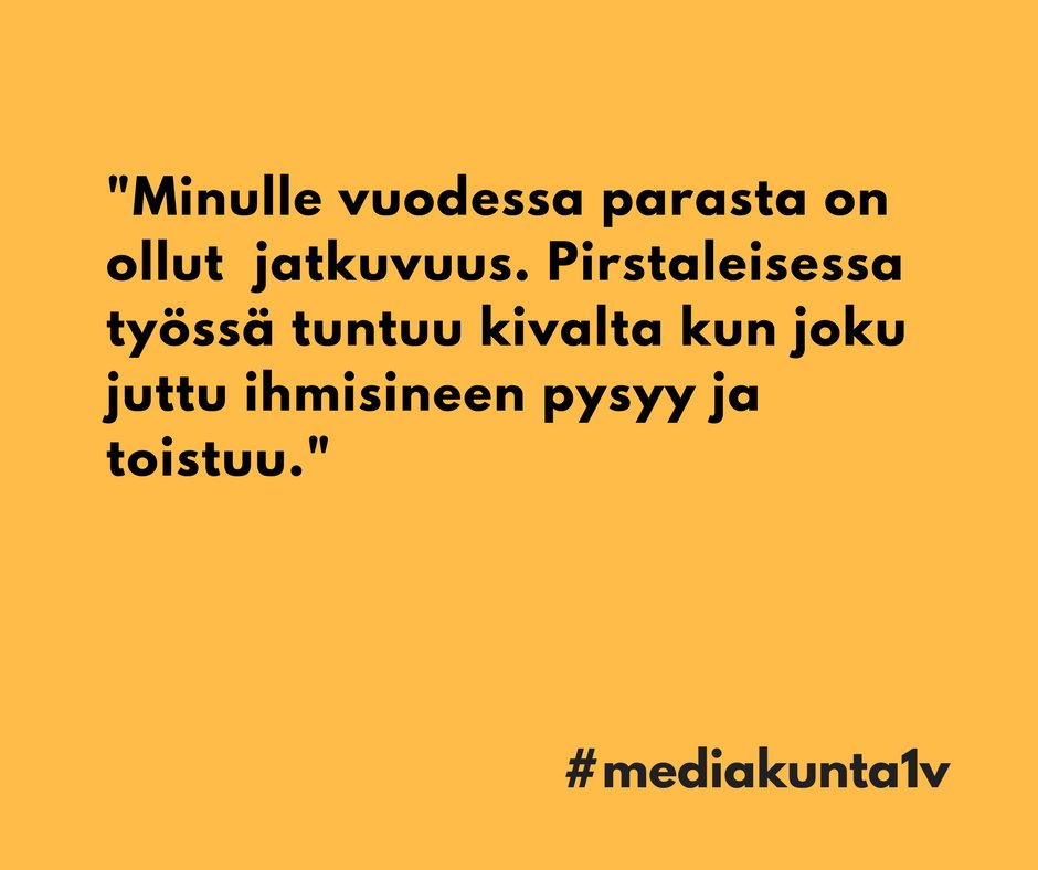 mediakunta's tweet photo. Kiitos kaikista juhlan kunniaksi lähetetyistä muistoista! Tässä vielä yksi.

Mediakunnan 1-vuotissyntymäpäivän kunniaksi pyysimme jäseniämme jakamaan parhaat muistonsa kuluneelta vuodelta.

Löydät kaikki muistelot tunnisteella #mediakunta1v https://t.co/hYdeikmy8u