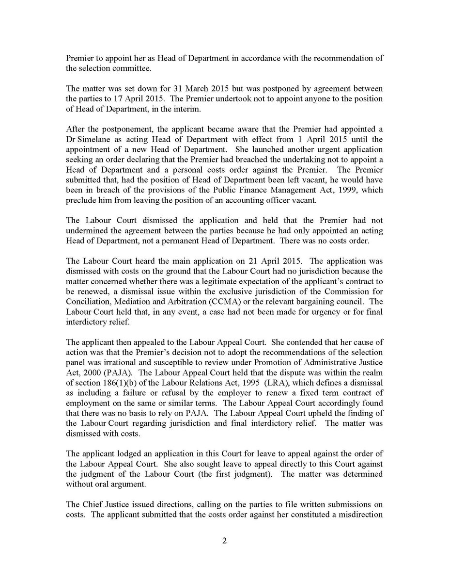 ConCourtSA's tweet photo. Judgment: (1) Refusal to renew a fixed-term contract is a form of dismissal under the Labour Relations Act. (2) Rule of practice that costs follow the result does not apply in labour cases. (Zungu) https://t.co/tClyR8VarP