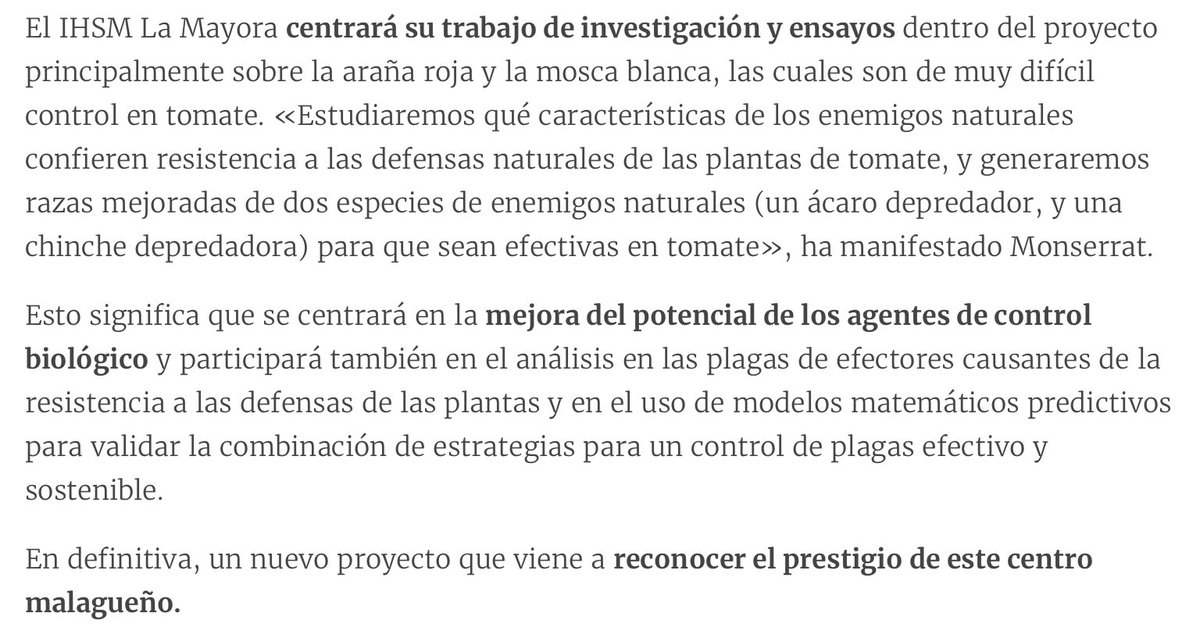 sombradoble's tweet photo. “La Mayora” @IHSM_CSIC_UMA participa
en un proyecto internacional @EsHorizonte2020
para controlar las «superplagas» #Superpests
En #Málaga se centrarán en agentes
de control biológico contra la mosca blanca
y la araña roja 
https://t.co/9iskn6D4Sj
@Apelaezt en @DiarioSUR https://t.co/cshv5uKDPK