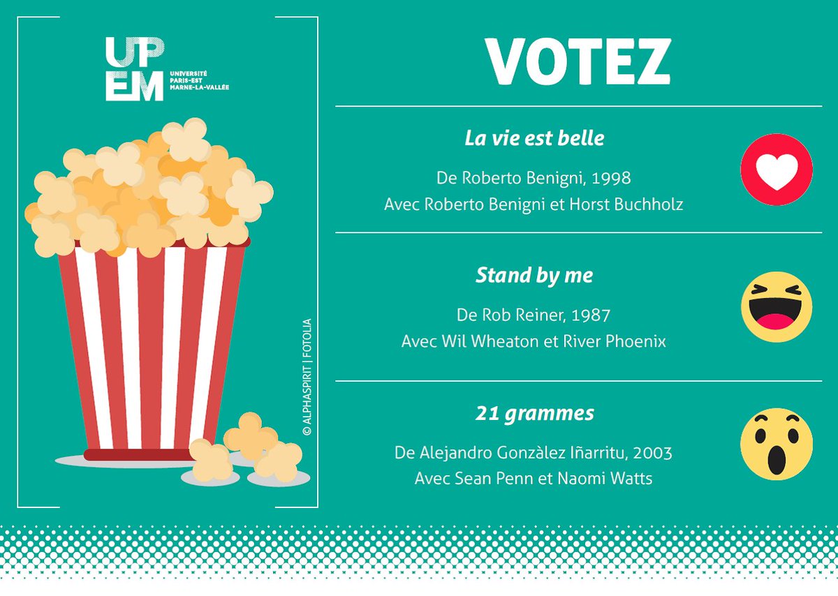 MdEUPEM's tweet photo. #SOIRÉES_CINÉ
N'oubliez pas d'aller voter pour la soirée ciné du mois de mars sur la page Facebook de la maison de l'étudiant de l'UPEM ! Ce mois-ci, 3 films en compétition : La vie est belle, Stand by me et 21 grammes. 
Fin des votes le 19/02 ! #Cinéma
https://t.co/CbcQLSZfHc https://t.co/bfyJ9aHB7t