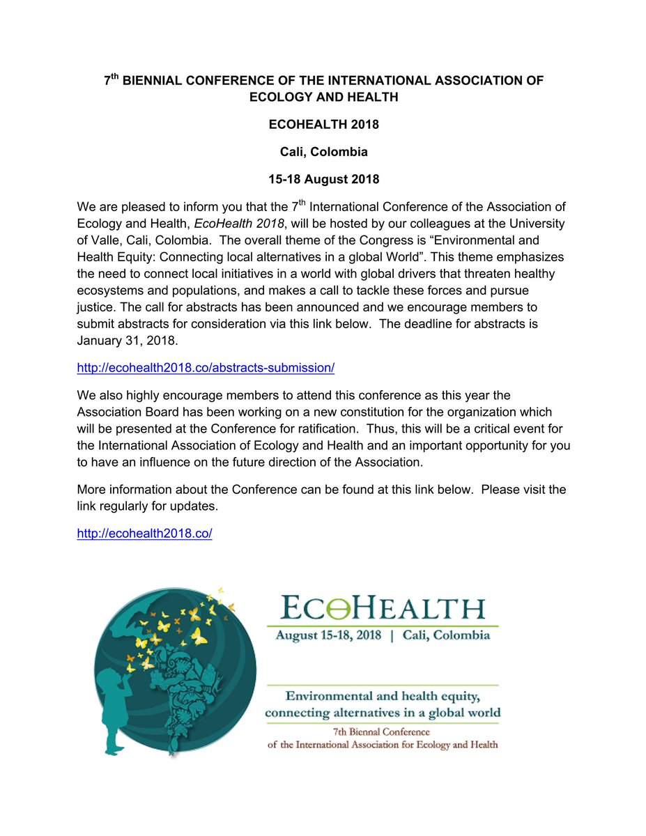 EcoHealthSEA's tweet photo. CALL FOR ABSTRACT. #Ecohealth2018 #Cali #Columbia #IAEH https://t.co/HwQuY7wpan