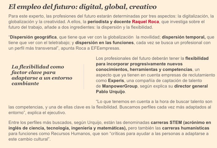 Raquelroca's tweet photo. Las profesiones del futuro estarán determinadas por la digitalización, la globalización y la creatividad. La investigadora sobre #futurodeltrabajo Raquel Roca añade dos ingredientes más: dispersión y flexibilidad. https://t.co/STEig1z1ik @EFEempresas @EFEnoticias https://t.co/H1lHHfkywq
