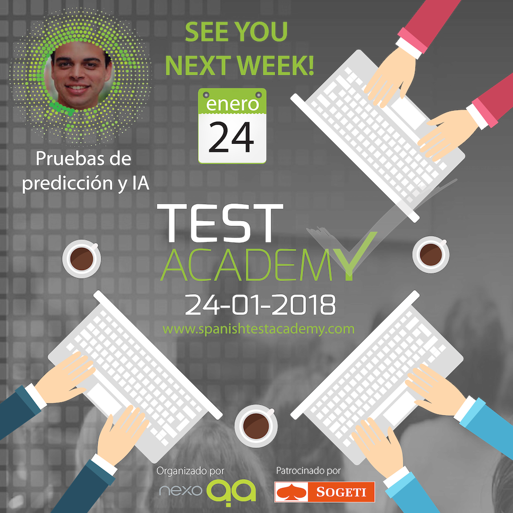 SogetiSpain's tweet photo. ¡Sólo quedan 2 días para el #TestAcademy 2018 que organiza @expoQA! Ya tenemos todo preparado y con muchas ganas de escuchar a @alberttort y su ponencia sobre #wiseQA ¡No os lo perdáis! https://t.co/zMrHTrua5Z #Testing #QA https://t.co/hs2uBQYfC9
