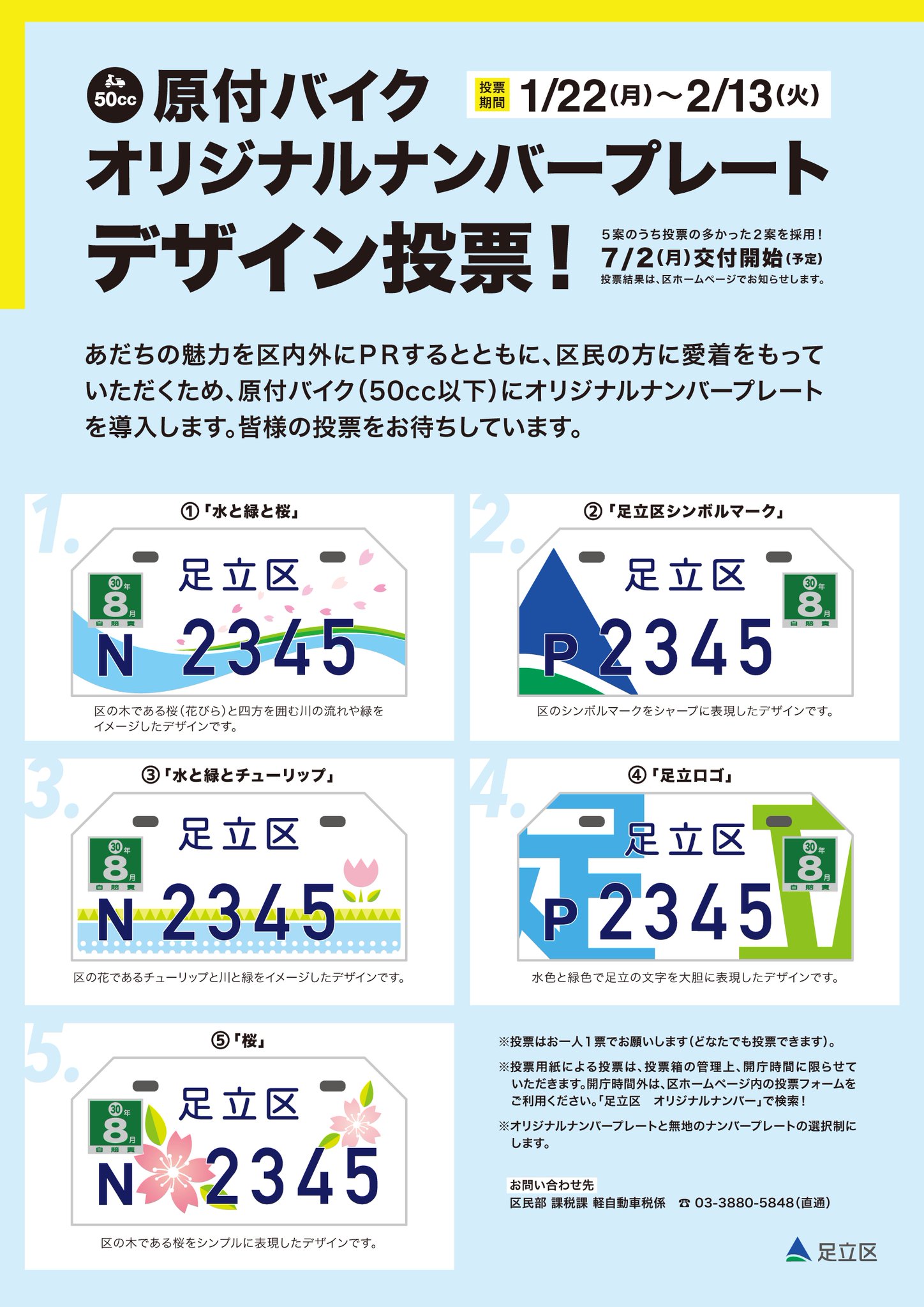 足立区役所 こんにちは 課税課軽自動車税係です 原付バイク ５０cc以下 にオリジナルナンバープレートを導入するため デザイン投票を実施しています デザインは 得票数の多い２案を採用します みなさん是非投票してください 詳しくはこちら