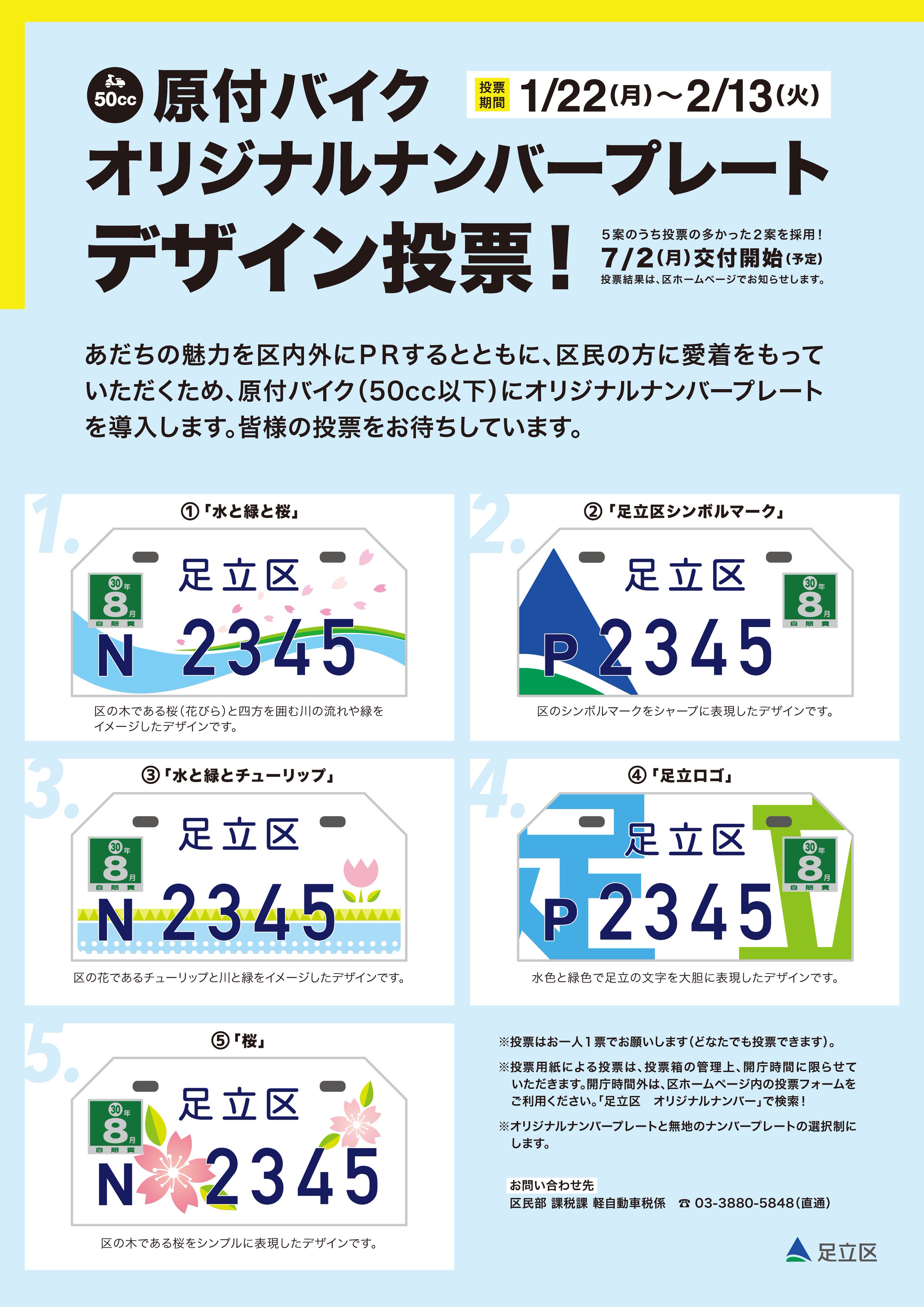 足立区役所 Al Twitter こんにちは 課税課軽自動車税係です 原付バイク ５０cc以下 にオリジナルナンバープレートを導入するため デザイン投票を実施しています デザインは 得票数の多い２案を採用します みなさん是非投票してください 詳しくはこちら