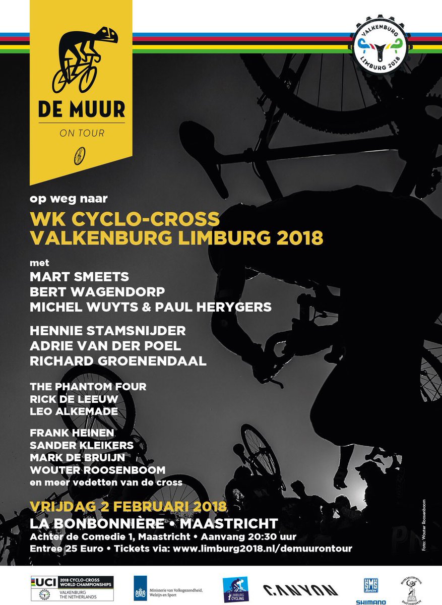Op vrijdagavond 2 februari keert <a href="/demuurontour/">demuurontour</a> terug met ‘Op weg naar het WK Cyclocross Valkenburg 2018’! Bestel nu je tickets via limburg2018.nl/demuurontour