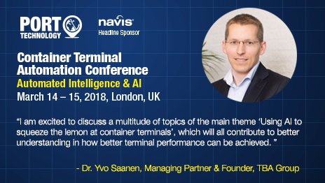 PortTechnology's tweet photo. Keep up to date with the #ContainerTerminalAutomation conference!
Take a look at the agenda: https://t.co/nEw1kZAAJL

@TheTBAGroup's Dr. Yvo Saanen will be there!
#PTIEvent2018 #MondayMotivation #Automation #AI #conference https://t.co/fjSuXWCffk
