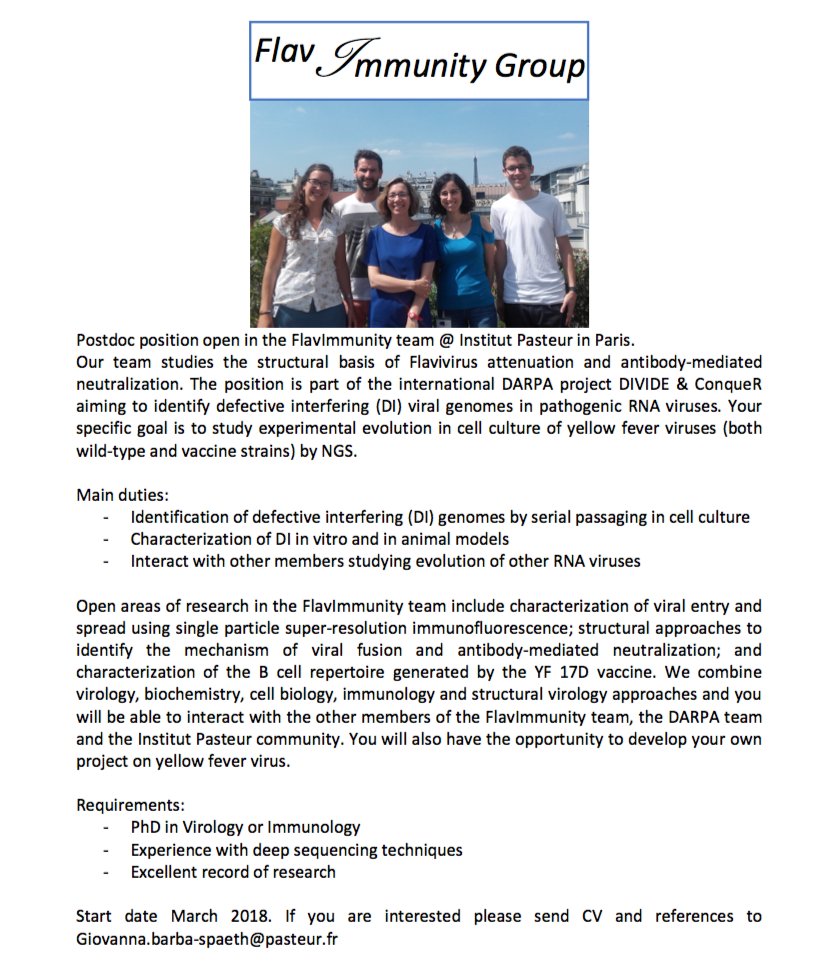 jogio95's tweet photo. Please RT! Postdoc position available in my team as early as March 2018 #infectiousdisease #Flavimmunity @institutpasteur @jogio95 Send CV and references to giovanna.barba-spaeth@pasteur.fr https://t.co/Pp2d5jbyW9