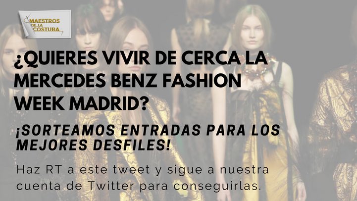 MaestrosCostura's tweet photo. ¿Quieres ver a @MrJuanVidal en la @MBFWMadrid?

Sorteamos una entrada 🎟 para 2 personas 👥‼️ Para participar solo tienes que hacer RT a este tuit y seguir a nuestra cuenta. 

🆙⏰ Tienes hasta las 16:59 horas de HOY.

#MBFW ✂️ #MaestrosDeLaCostura https://t.co/C61eqnUxgL