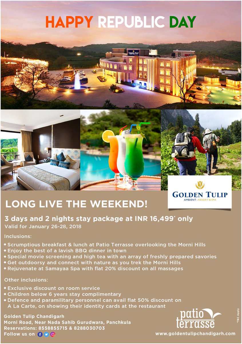 GoldenTulipInd's tweet photo. Celebrate #RepublicDay with @GoldenTulipChd amidst the beautiful #MorniHills with your family &amp; friends. 
For enquiries or reservations, please call 08558855715 &amp; 08288030703.
#GoldenTulip #Hotels #69thRepublicDay #Package https://t.co/c1pFglsa8M