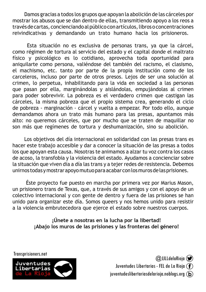 JJLLdelaRioja's tweet photo. 22 de enero - Día internacional en solidaridad con las presas trans #TransPrisioners https://t.co/nc34NrecNg
