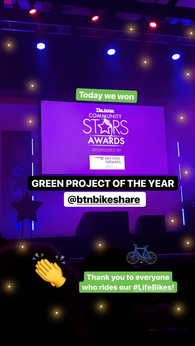 ambermellowship's tweet photo. We won! @LifeWaterUK @BTNBikeShare is awarded Green Project Of The Year at #ArgusStars. Thank you to everyone who rides our #LifeBikes 💚 #Brighton @brightonargus https://t.co/JoiezFDOws