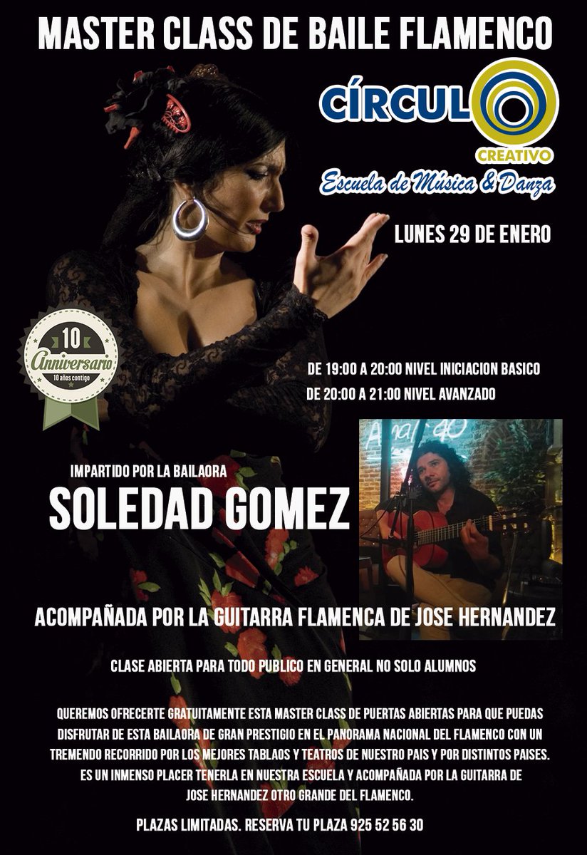 El próximo lunes 29 de enero tendremos una master class, gratuita, impartida por la Bailaora Soledad Gomez, reserva ya tu plaza 925 52 56 39