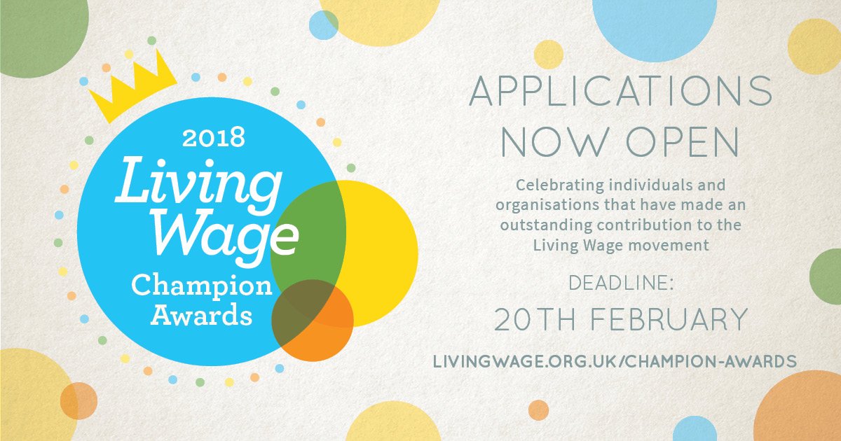 LivingWageUK's tweet photo. Celebrate your commitment to promoting the real #LivingWage by applying for the 2018 Living Wage Champion Awards! Deadline 20th Feb #LivingWageChampions 🏆🏅🏵️
https://t.co/ujV1TSs1AX https://t.co/EUlHEYfjSc
