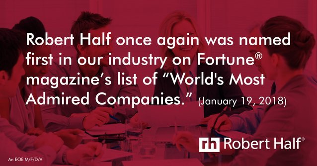 For 20 years, Robert Half has been named to Fortune® magazine’s list of “Most Admired Companies.” #workhappy #roberthalf bit.ly/2Bm3ROM
