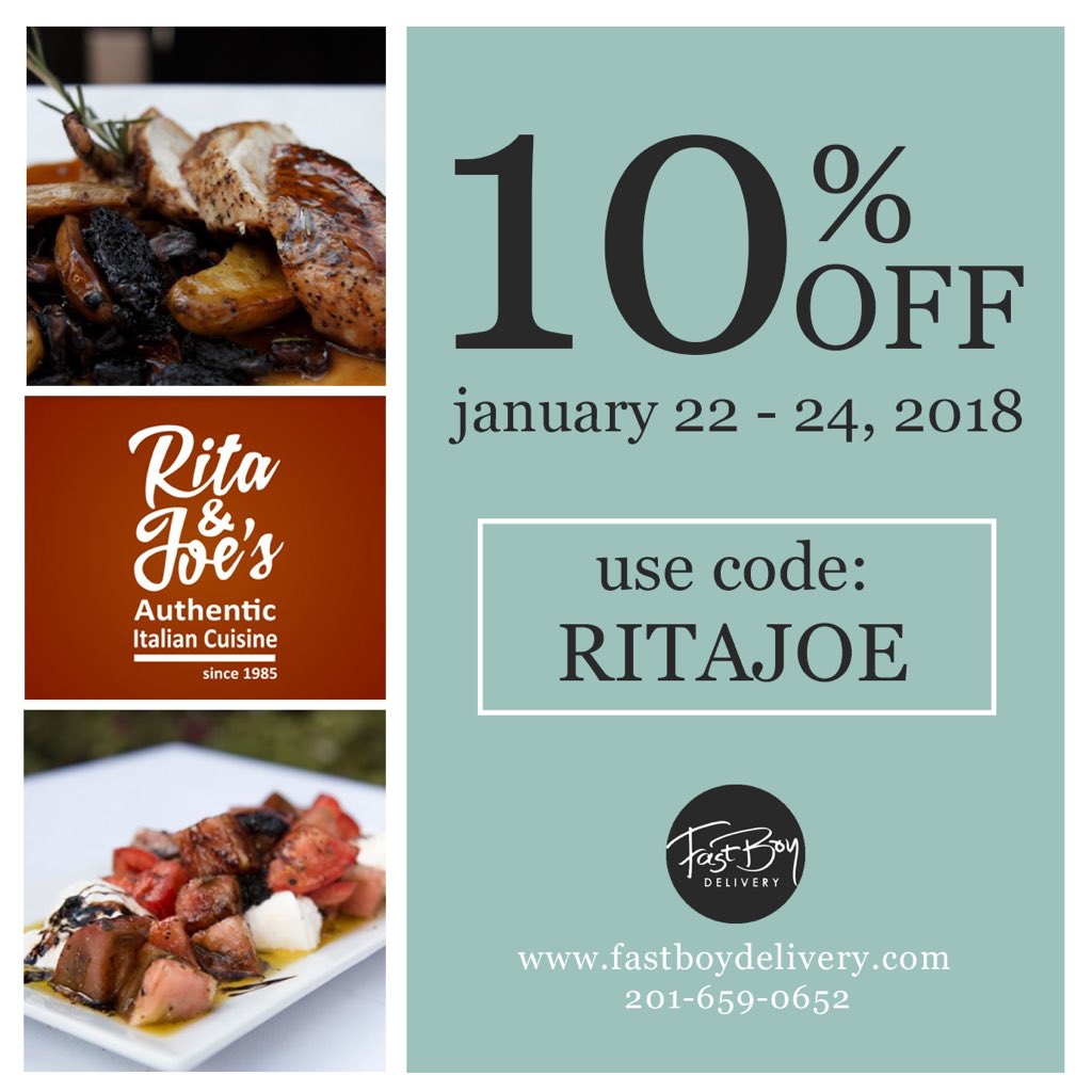 FastBoyDelivery's tweet image. Thank you Rita and Joe's for the authentic Italian food that we will surely miss! Order now from Rita and Joe's and get 10% off! 

Use the code RITAJOE 

(promo valid until Jan 24 only)
fastboydelivery.com
201-659-0652