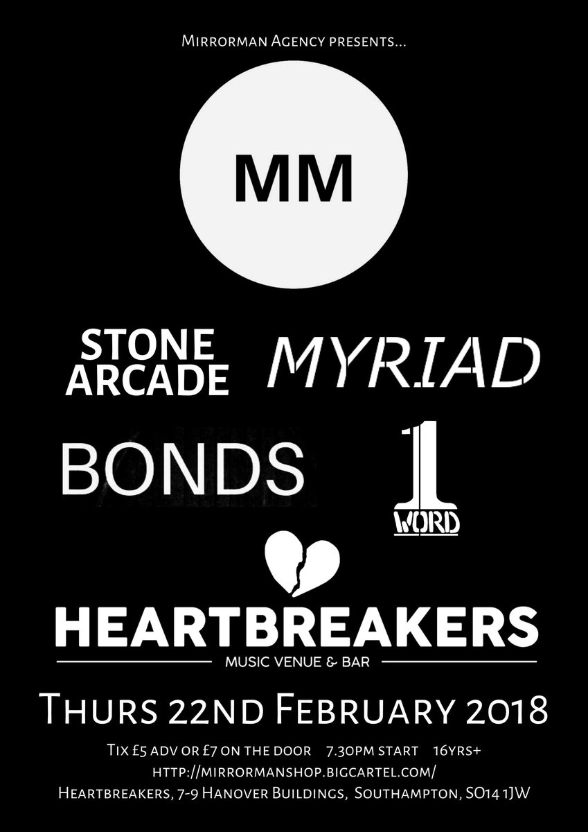 MirrormanAgency's tweet photo. One month today!
#livemusic at @heartbsoton from @StoneArcade @MyriadBandUK BONDS and @OneWordBandUK
Tickets are £5 from the bands or the MM shop >>> https://t.co/quHpIN0nhQ #Southampton #Hampshire #guitars #MusicMonday #loud https://t.co/YAW5rv1Eoe