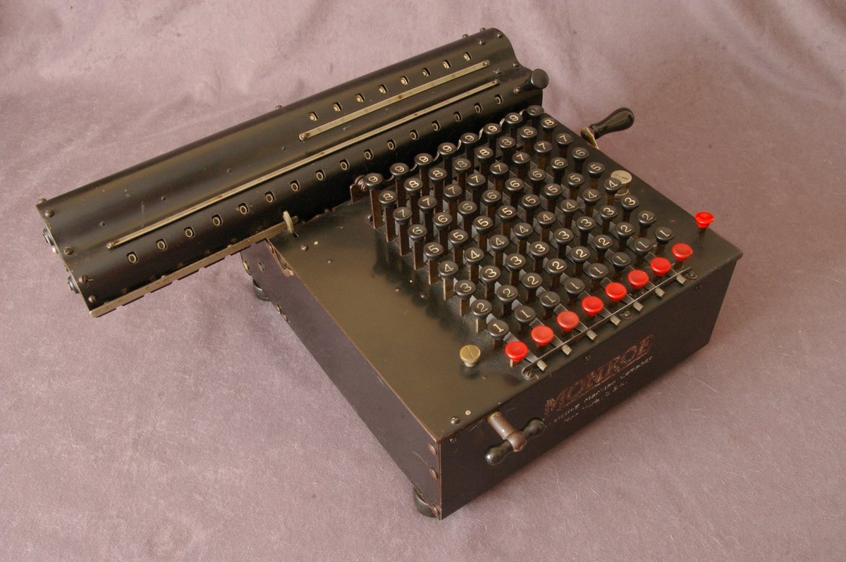 Rubberswan's tweet image. This is the first tweet of a series highlighting my collection of mechanical calculators, in approximate order of age. This is a Monroe Model G from about 1920. Capacity 8x8x16.  Weight 30 pounds. It’s in good working order. #monroecalculator #mechanicalcalculator #oldtech