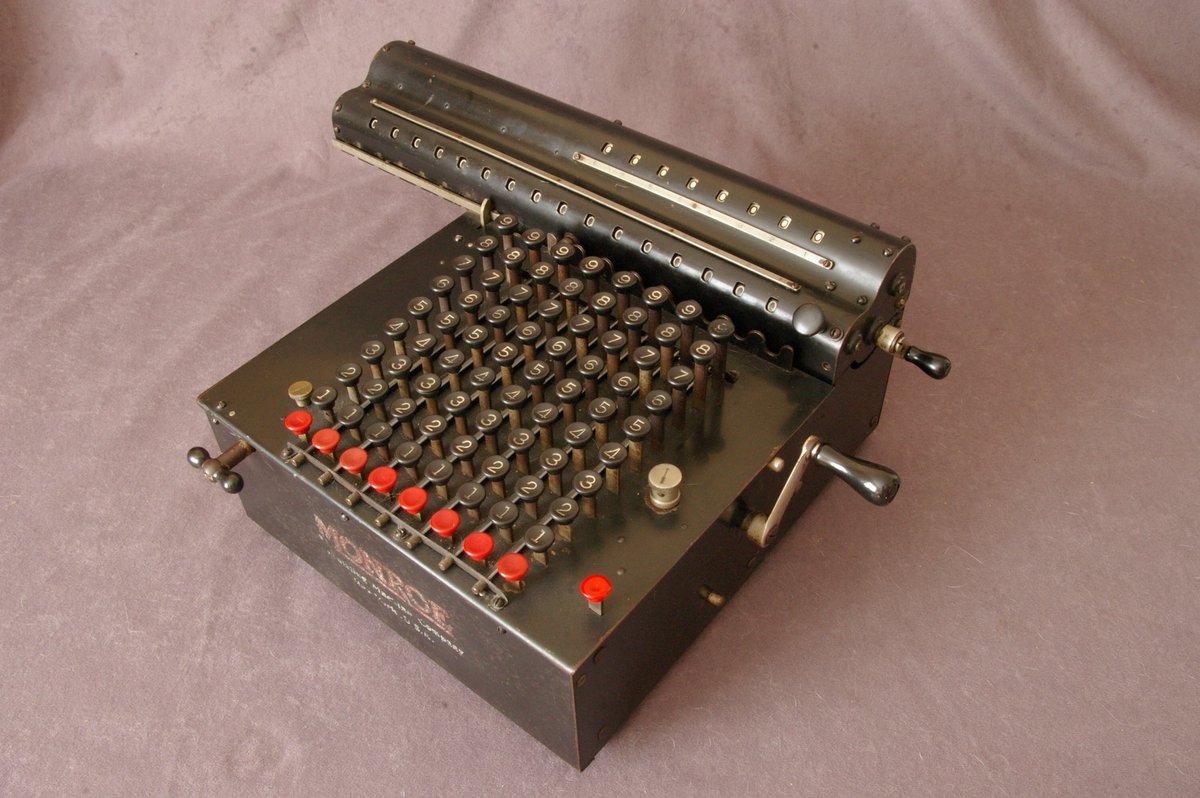 Rubberswan's tweet image. This is the first tweet of a series highlighting my collection of mechanical calculators, in approximate order of age. This is a Monroe Model G from about 1920. Capacity 8x8x16.  Weight 30 pounds. It’s in good working order. #monroecalculator #mechanicalcalculator #oldtech