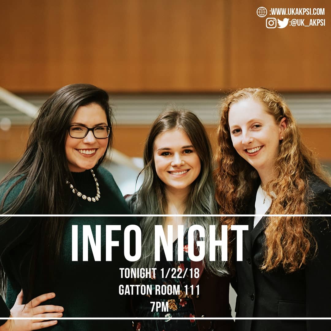 uk_akpsi's tweet photo. Info Night tonight at 7pm! Come learn more about Alpha Kappa Psi and meet the members! #uky #akpsi #ukakpsi #rushakpsi #seeblue https://t.co/8xrlu6OWfs