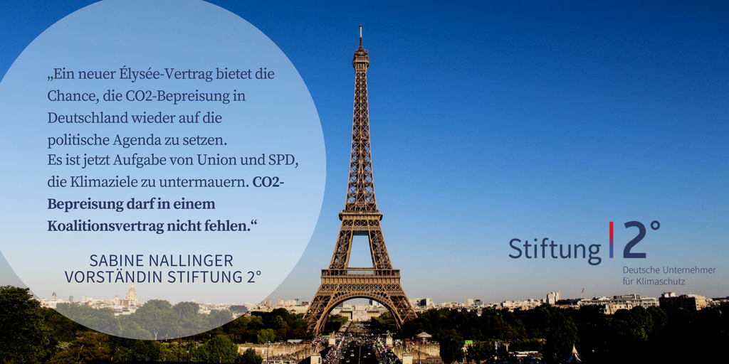 .@SabineNallinger z. #Elyseevertrag: 'Chance, d. #CO2-Bepreisung wieder auf die Agenda zu setzen. Dies darf auch in einem #Koalitionsvertrag nicht fehlen. Nur mit einem investitionsrelevanten CO2-Preissignal wird Deutschland seine #Klimaziele erreichen können.'