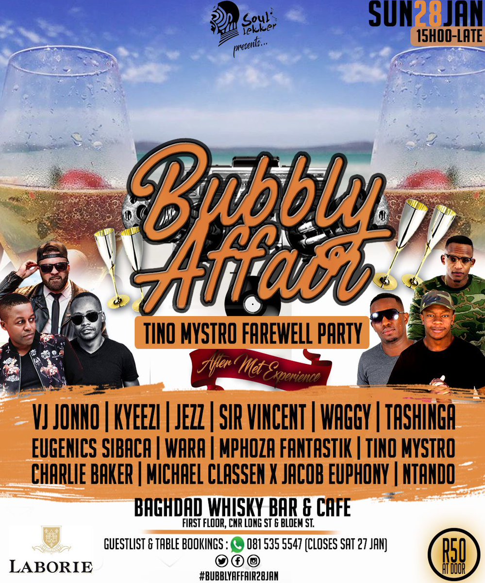bubblyaffair's tweet photo. This Sunday we have a special edition of #BubblyAffair @baghdadcafeCT w/ some special prizes to be won on the day from @laboriewines. It also happens to be #TinoMystroFarewell send off party. Great line up of best #CapeTown House & HipHop DJs. Whatsapp +27815355547 for guestlist. https://t.co/x6ujs84t0h