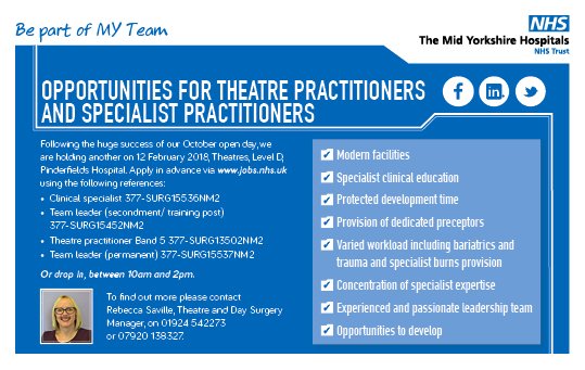 If you want to be part of the MY Theatres team come along to our open day on Monday 12 February @PindersHospital