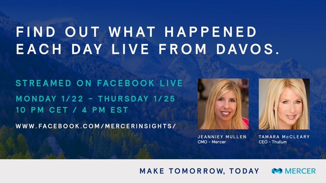 MichelFaucher4's tweet photo. Don't miss anything from #WEF18. Find out what happened each day at 10PM CET / 4 PM EST on #Facebook LIVE #video stream (https://t.co/4oW8nB3Xh0) hosted by @mercer #CMO @jeannieymullen and @ThuliumCo #CEO @TamaraMcCleary #FutureofWork... https://t.co/BWGU45Bsxu https://t.co/FxLzQ9aExs