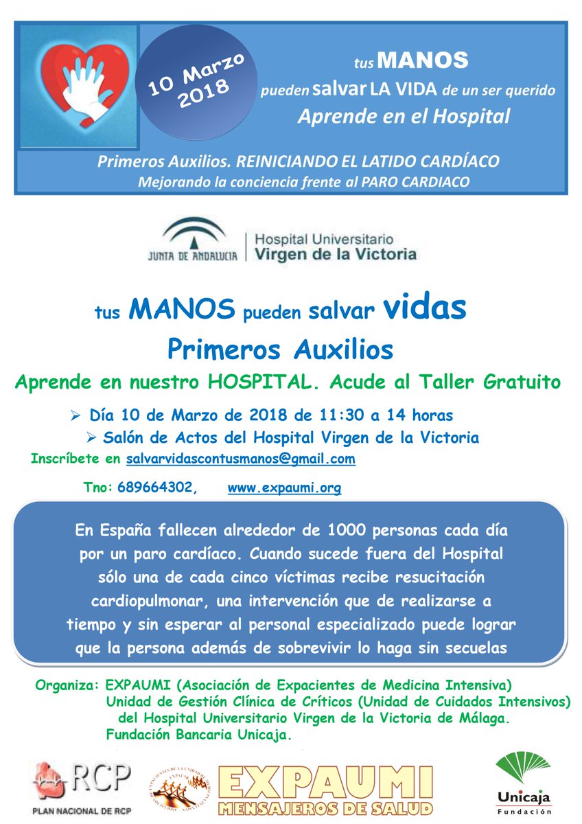 EXPAUMI's tweet photo. TUS MANOS PUEDEN SALVAR VIDAS DE UN SER QUERIDO, 
APRENDE EN NUESTRO HOSPITAL,
el próximo Sábado 10 de Marzo de 2018.
inscripción del curso de RCP en info@expaumi.org
https://t.co/UznGrNiLtB https://t.co/GCt7j6KPEg